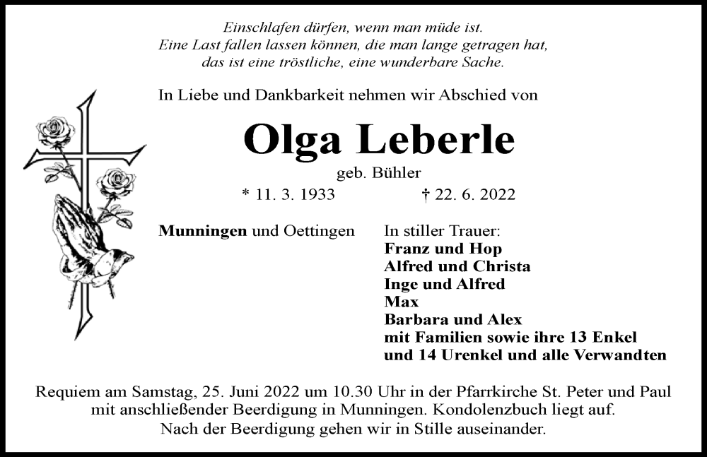  Traueranzeige für Olga Leberle vom 24.06.2022 aus Rieser Nachrichten