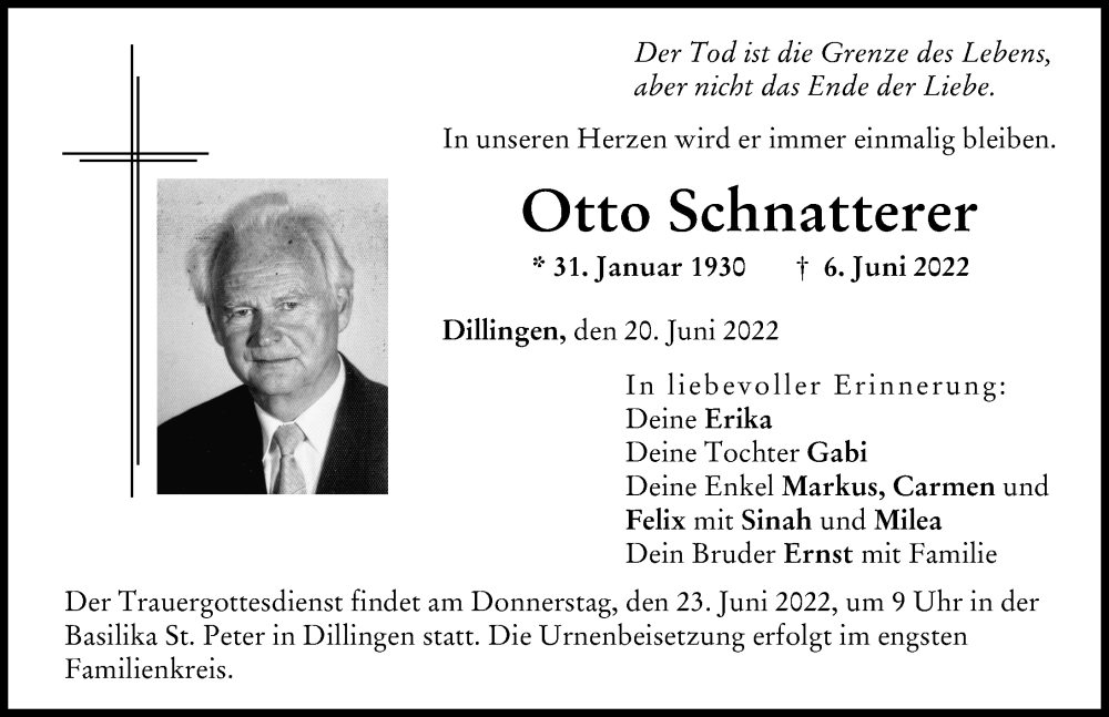 Traueranzeige von Otto Schnatterer von Mittelschwäbische Nachrichten, Donau Zeitung