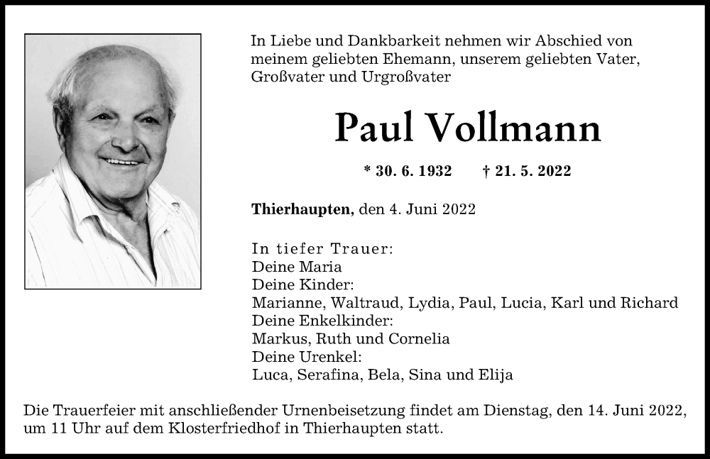  Traueranzeige für Paul Vollmann vom 04.06.2022 aus Augsburger Allgemeine