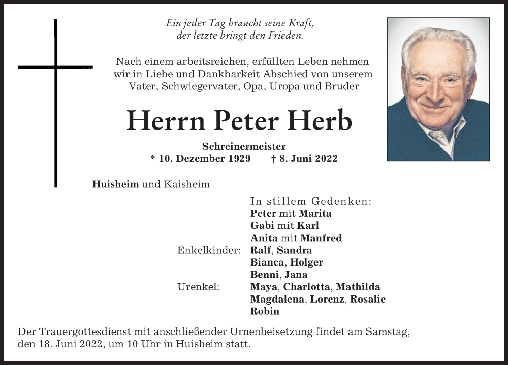  Traueranzeige für Peter Herb vom 15.06.2022 aus Donauwörther Zeitung