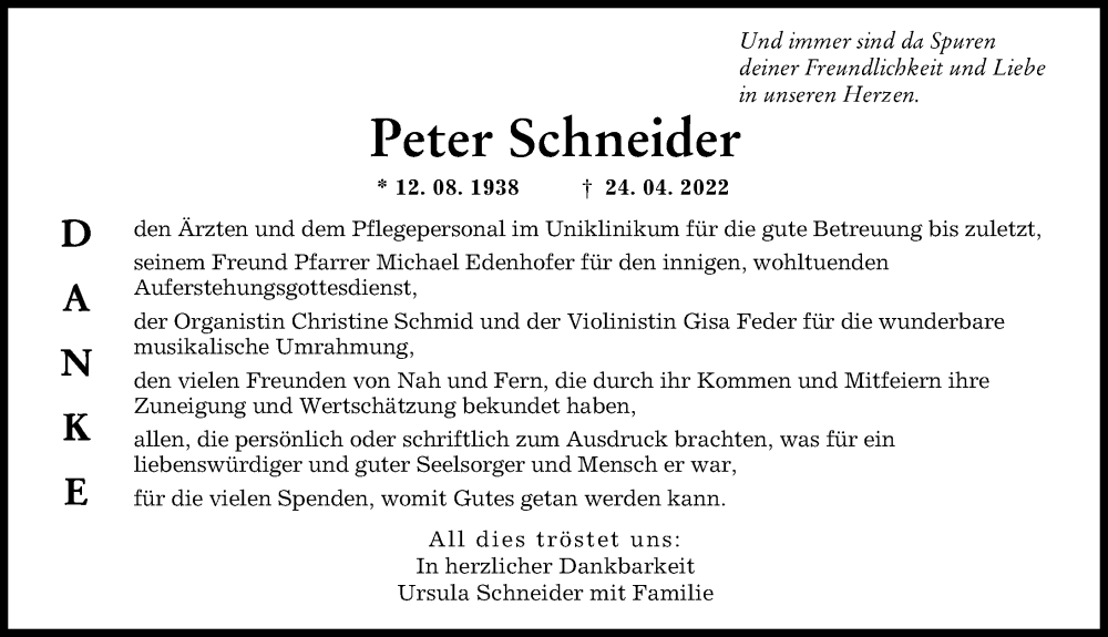 Traueranzeige von Peter Schneider von Augsburger Allgemeine