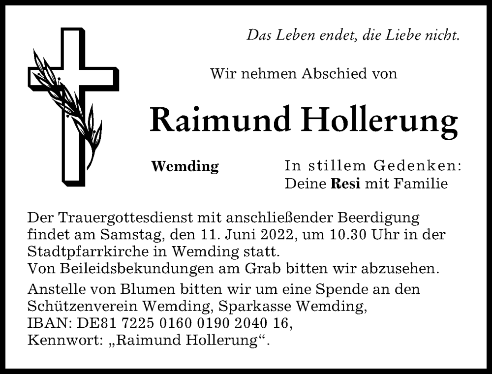 Traueranzeige von Raimund Hollerung von Rieser Nachrichten, Donauwörther Zeitung