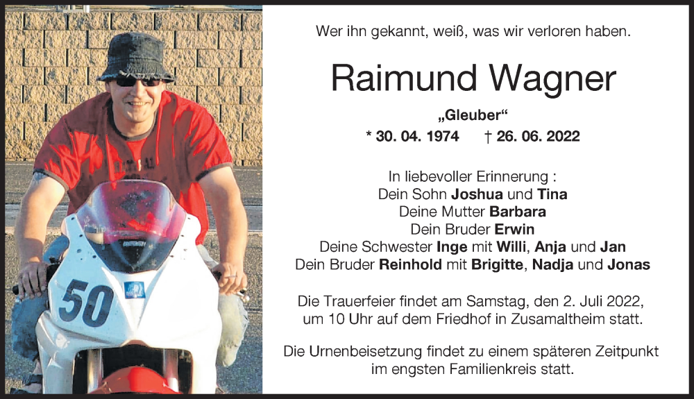  Traueranzeige für Raimund Wagner vom 29.06.2022 aus Wertinger Zeitung