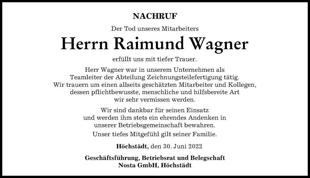 Traueranzeige von Raimund Wagner von Wertinger Zeitung, Donau Zeitung