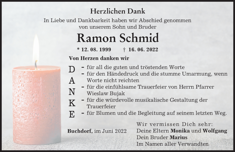  Traueranzeige für Ramon Schmid vom 30.06.2022 aus Donauwörther Zeitung