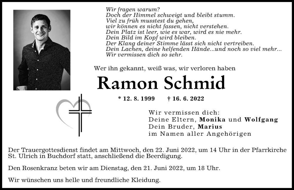  Traueranzeige für Ramon Schmid vom 20.06.2022 aus Donauwörther Zeitung