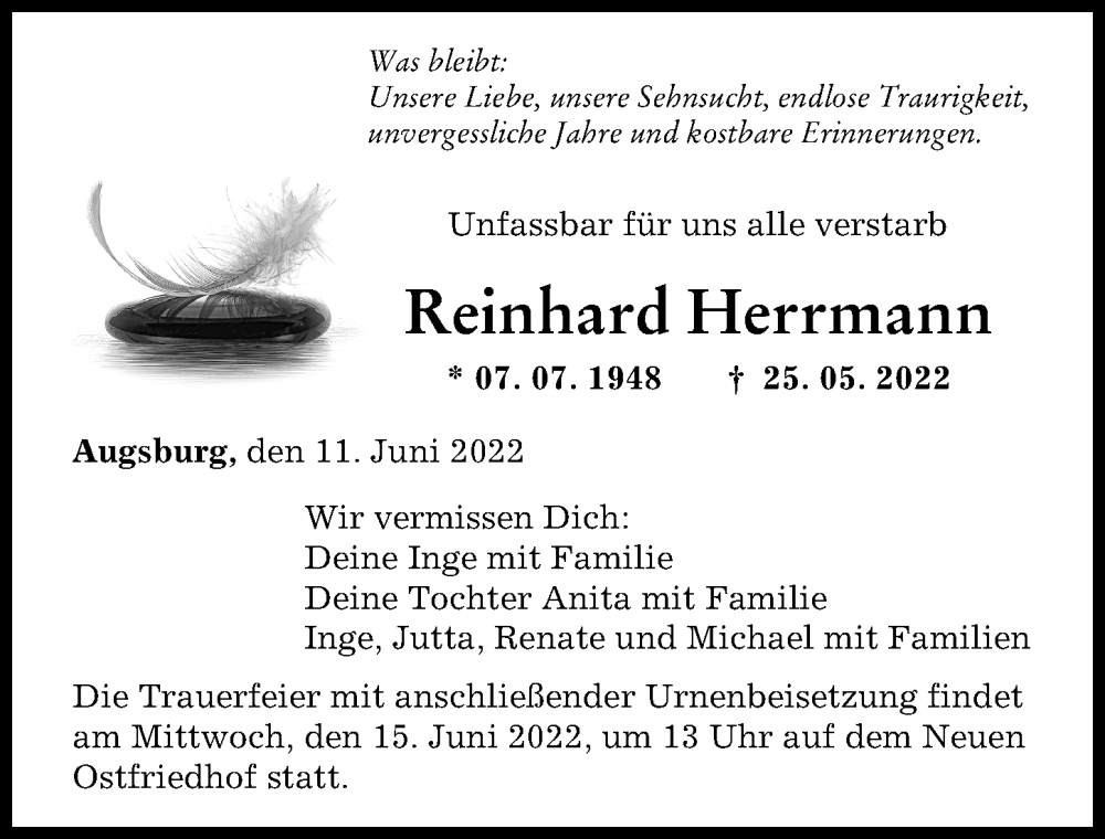  Traueranzeige für Reinhard Herrmann vom 11.06.2022 aus Augsburger Allgemeine