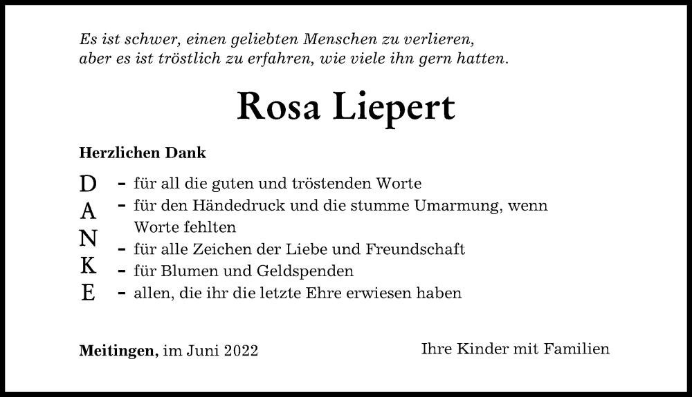 Traueranzeige von Rosa Liepert von Augsburg-Land, Wertinger Zeitung