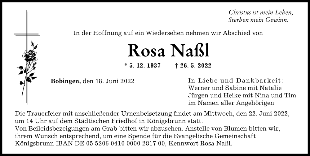 Traueranzeige von Rosa Naßl von Augsburger Allgemeine