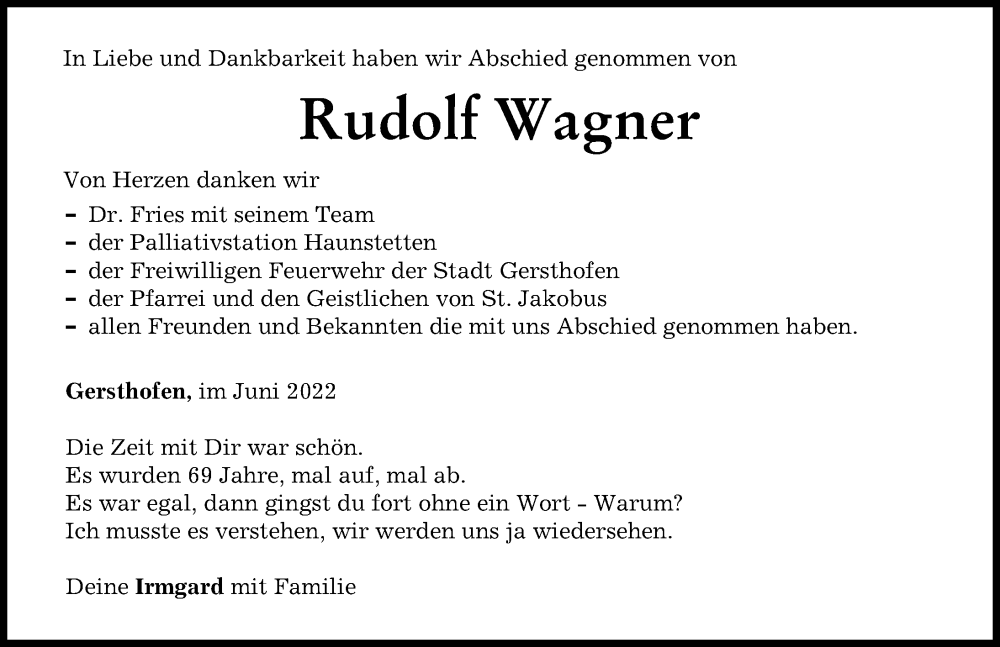 Traueranzeige von Rudolf Wagner von Augsburger Allgemeine