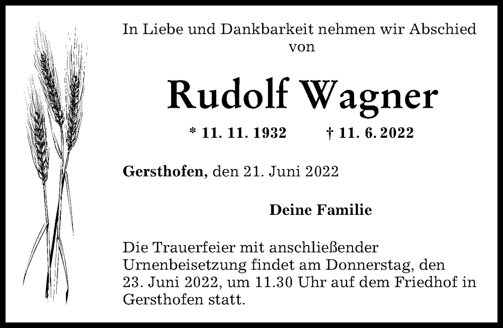 Traueranzeige von Rudolf Wagner von Augsburger Allgemeine