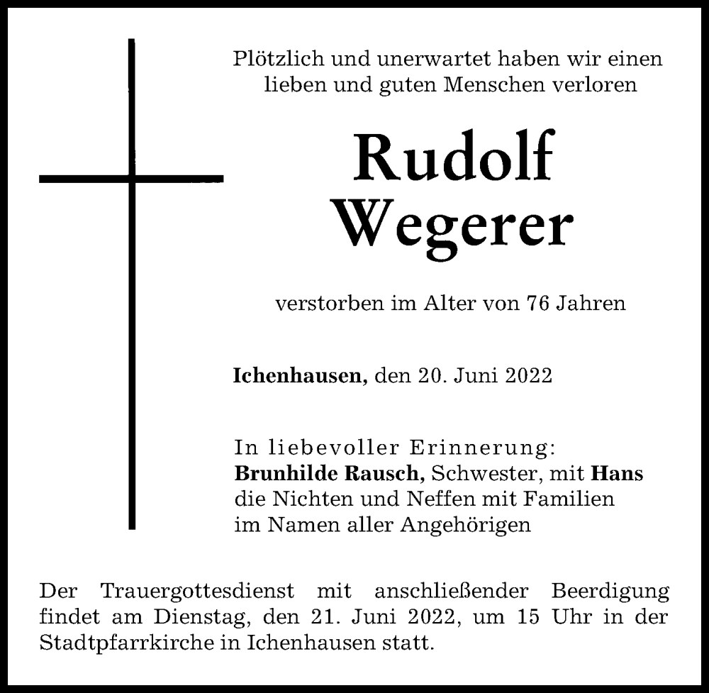 Traueranzeige von Rudolf Wegerer von Günzburger Zeitung