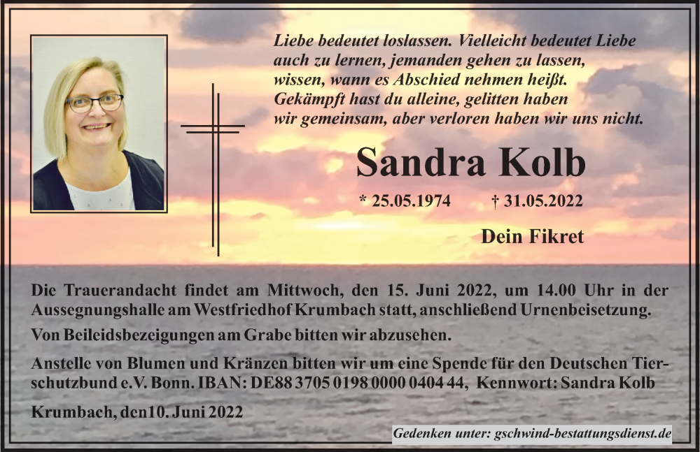  Traueranzeige für Sandra Kolb vom 10.06.2022 aus Günzburger Zeitung, Mittelschwäbische Nachrichten