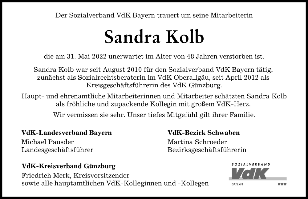  Traueranzeige für Sandra Kolb vom 10.06.2022 aus Mittelschwäbische Nachrichten, Günzburger Zeitung