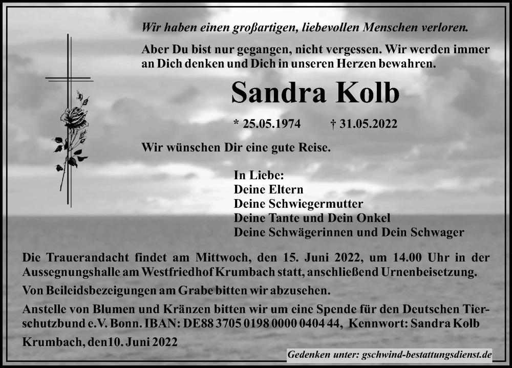  Traueranzeige für Sandra Kolb vom 10.06.2022 aus Mittelschwäbische Nachrichten