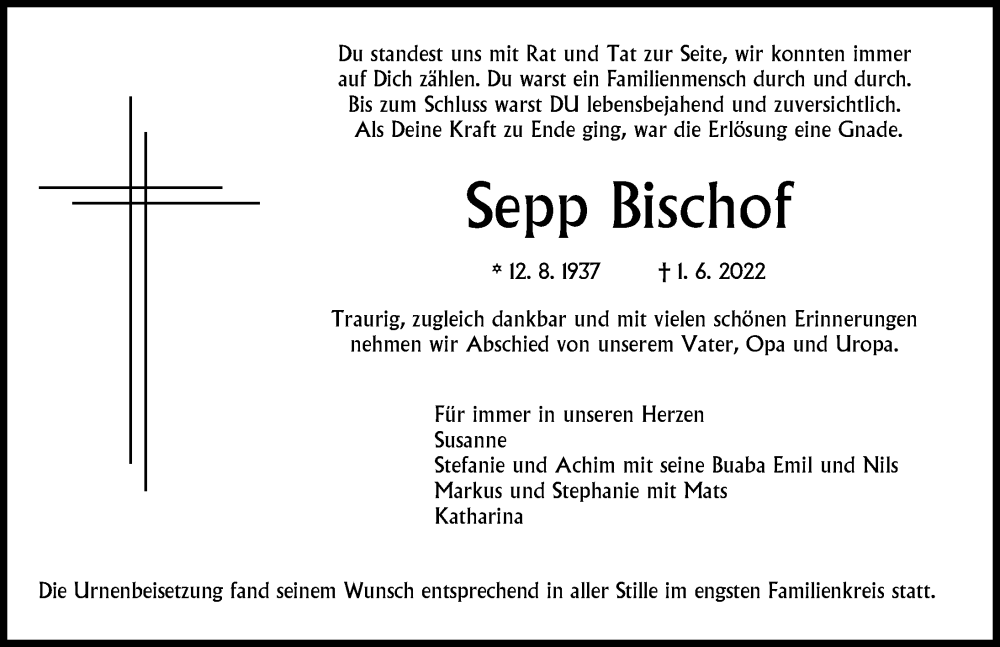  Traueranzeige für Sepp Bischof vom 11.06.2022 aus Illertisser Zeitung