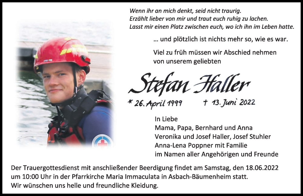  Traueranzeige für Stefan Haller vom 15.06.2022 aus Donauwörther Zeitung