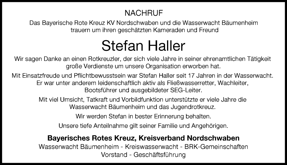  Traueranzeige für Stefan Haller vom 17.06.2022 aus Donauwörther Zeitung