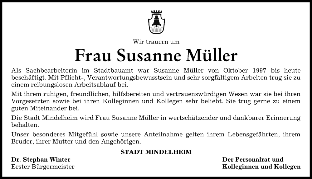  Traueranzeige für Susanne Müller vom 25.06.2022 aus Mindelheimer Zeitung