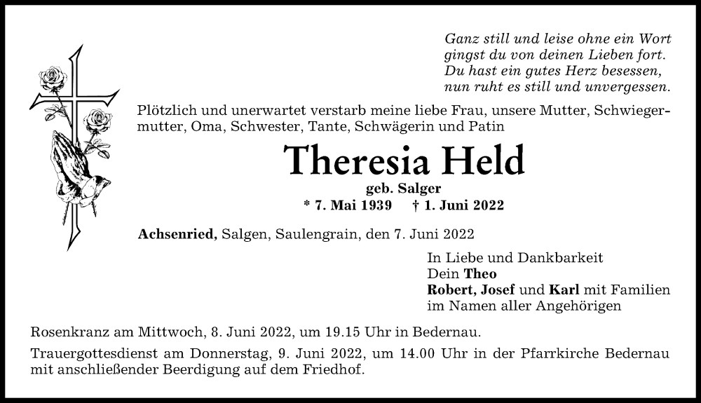 Traueranzeigen Von Theresia Held Augsburger Allgemeine Zeitung