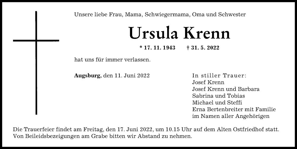 Traueranzeige von Ursula Krenn von Augsburger Allgemeine