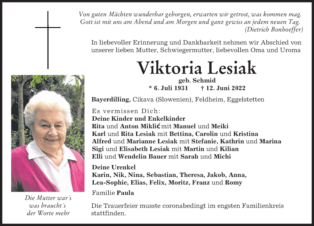 Traueranzeige von Viktoria Lesiak von Neuburger Rundschau, Donauwörther Zeitung