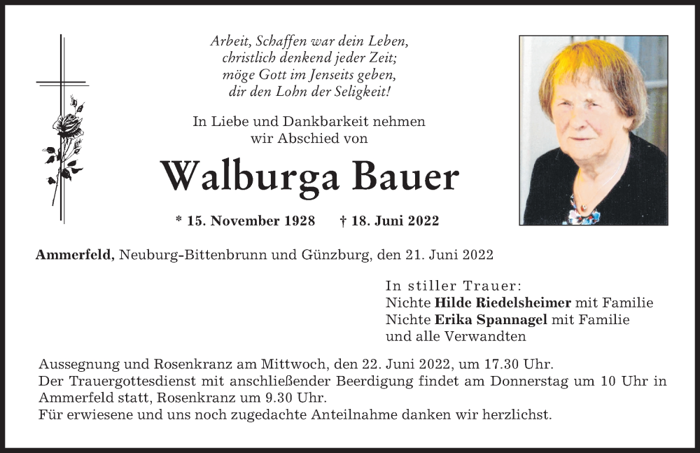  Traueranzeige für Walburga Bauer vom 21.06.2022 aus Neuburger Rundschau