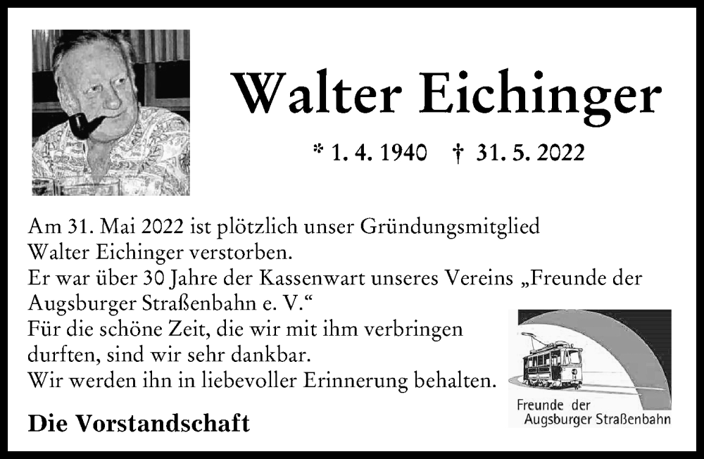  Traueranzeige für Walter Eichinger vom 11.06.2022 aus Augsburger Allgemeine