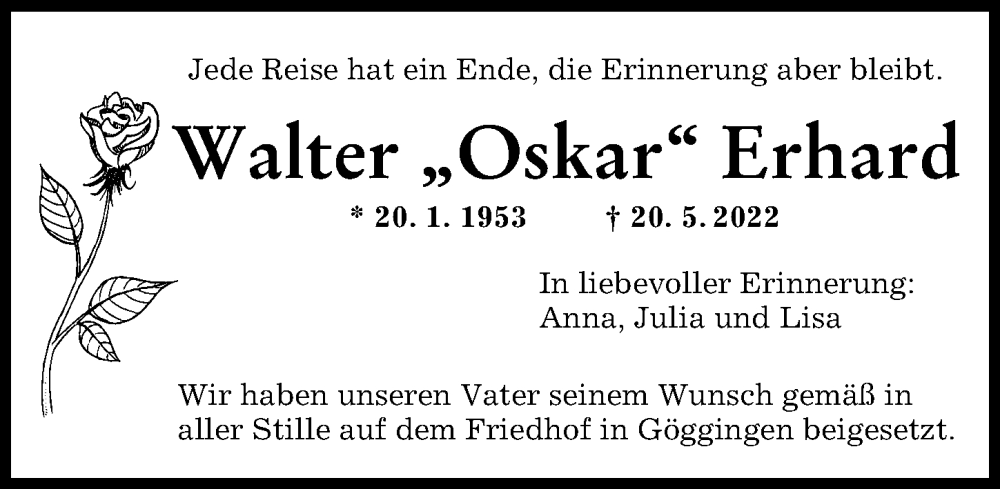  Traueranzeige für Walter Erhard vom 04.06.2022 aus Augsburg-Land, Augsburger Allgemeine