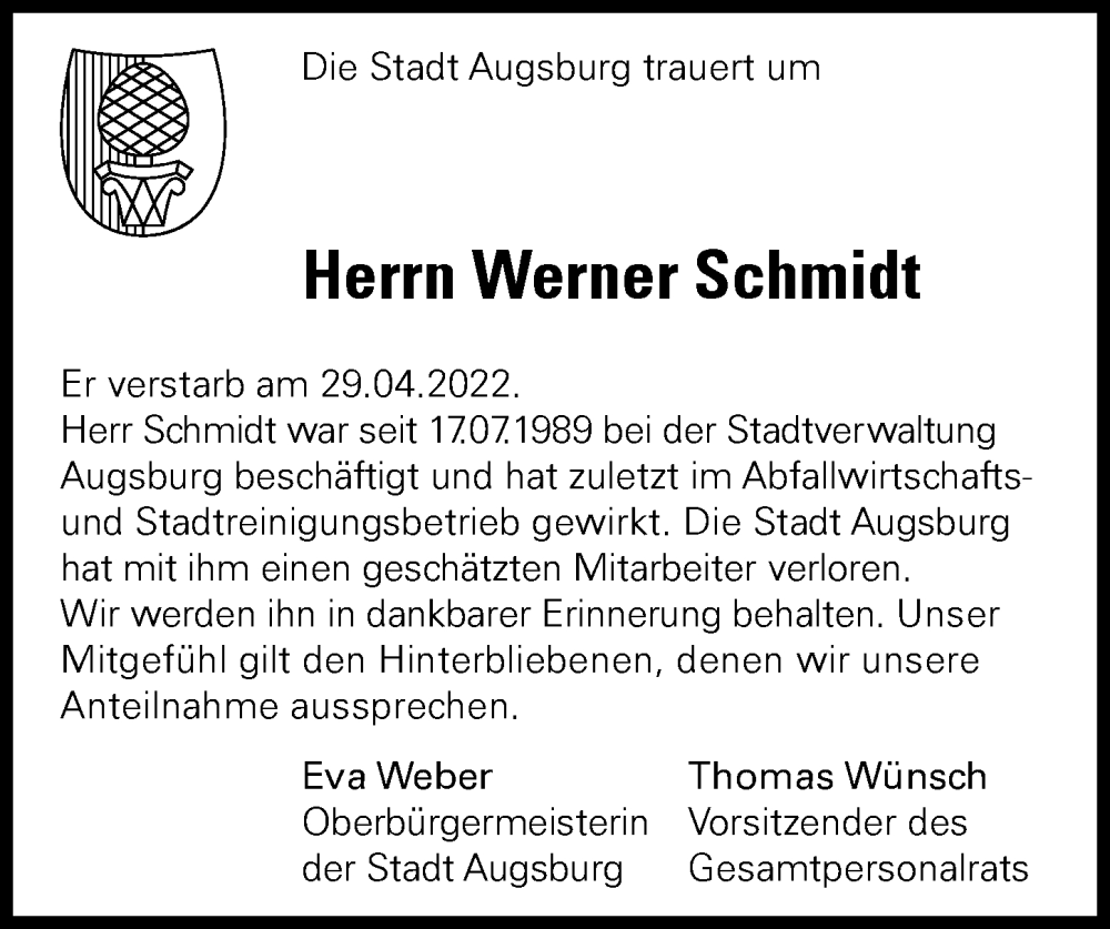 Traueranzeige von Werner Schmidt von Augsburger Allgemeine
