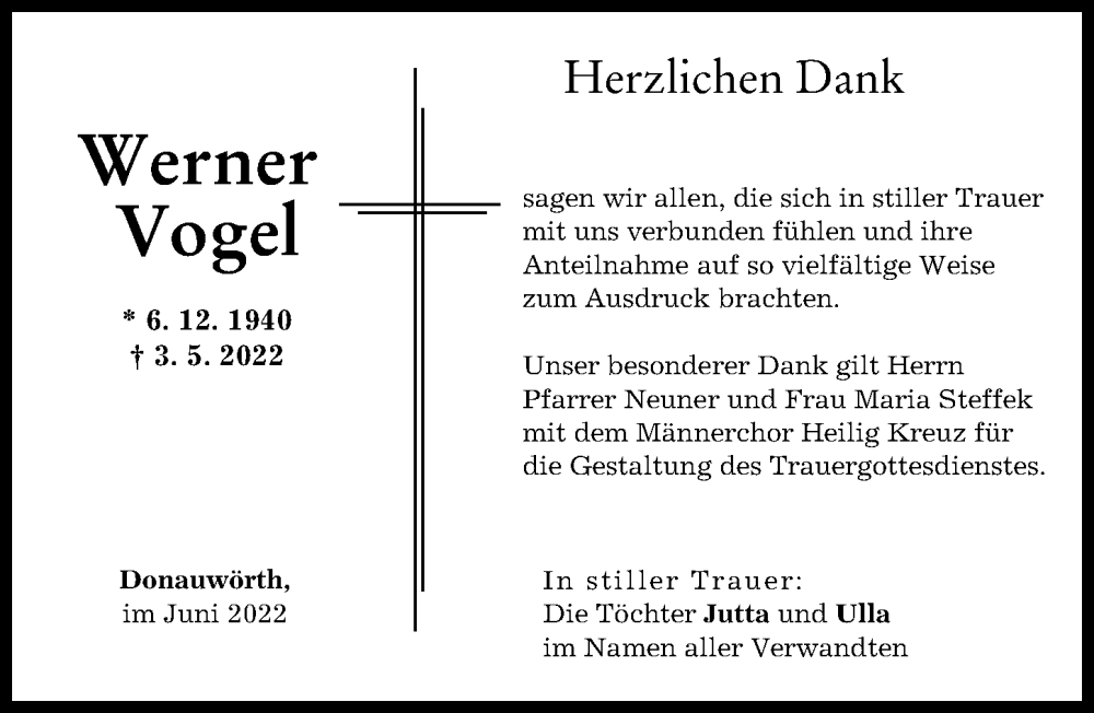 Traueranzeige von Werner Vogel von Donauwörther Zeitung