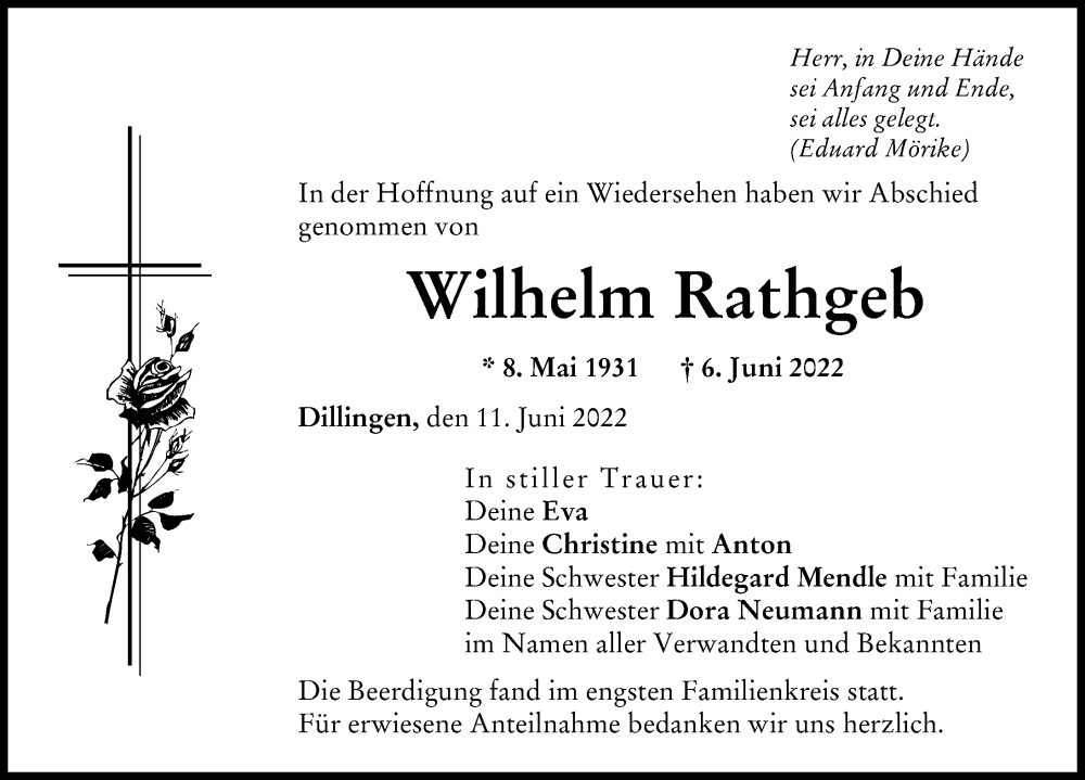 Traueranzeige von Wilhelm Rathgeb von Donau Zeitung