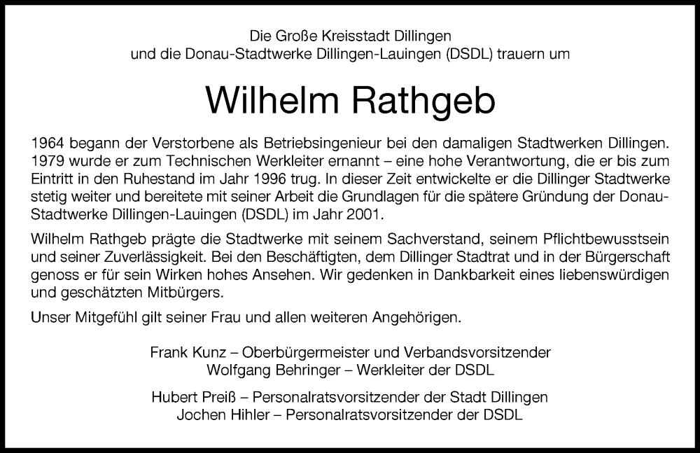 Traueranzeige von Wilhelm Rathgeb von Donau Zeitung