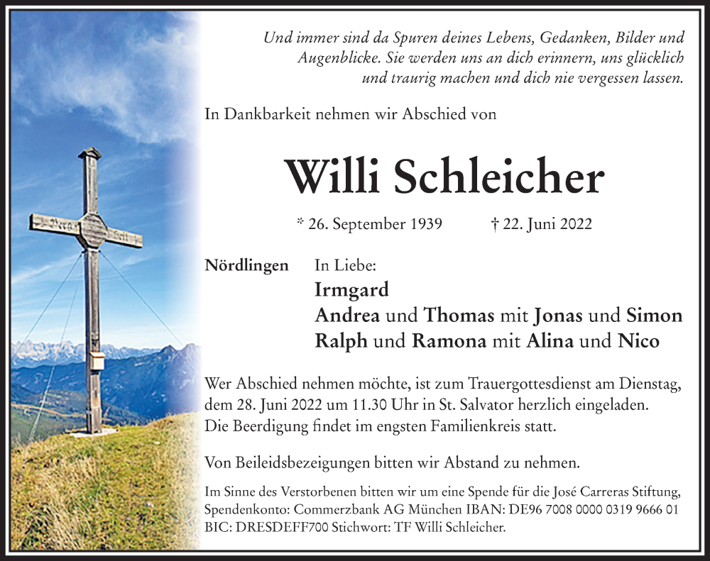  Traueranzeige für Willi Schleicher vom 25.06.2022 aus Rieser Nachrichten