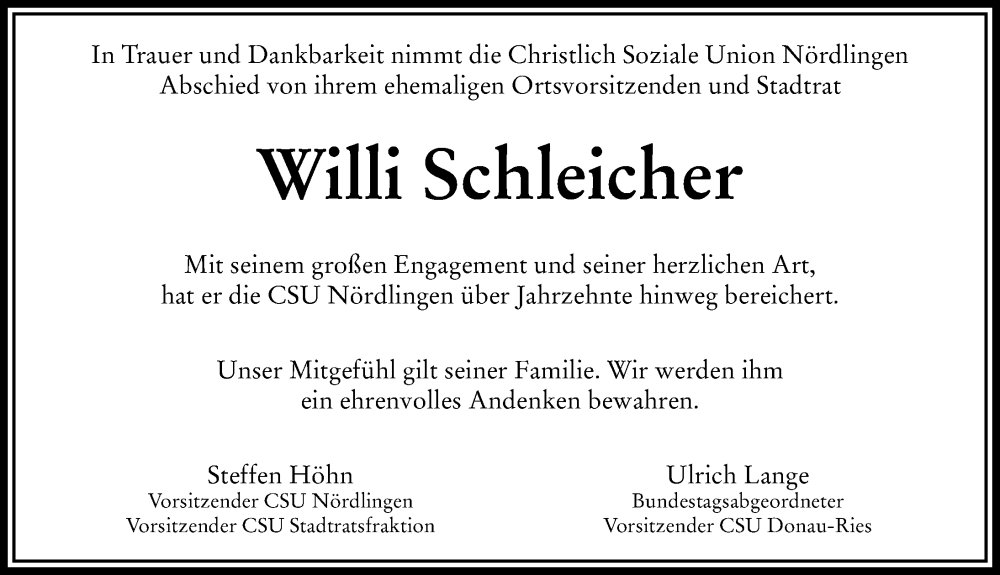  Traueranzeige für Willi Schleicher vom 28.06.2022 aus Rieser Nachrichten