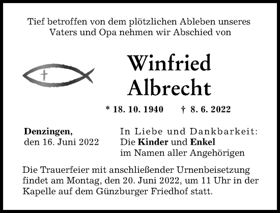 Traueranzeige von Winfried Albrecht von Günzburger Zeitung