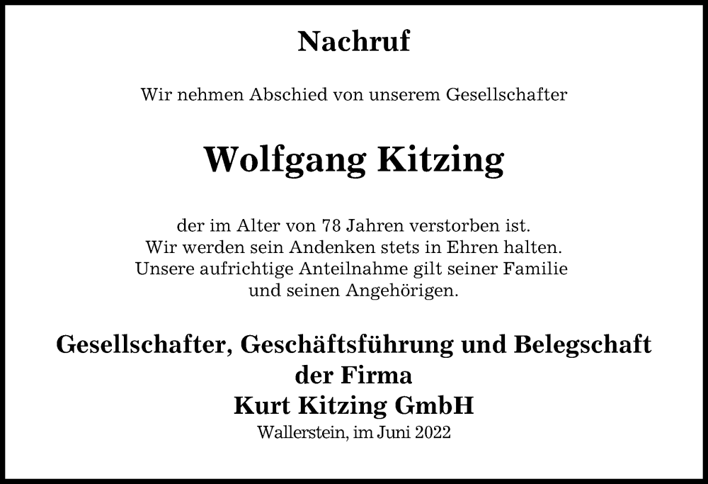  Traueranzeige für Wolfgang Kitzing vom 30.06.2022 aus Rieser Nachrichten