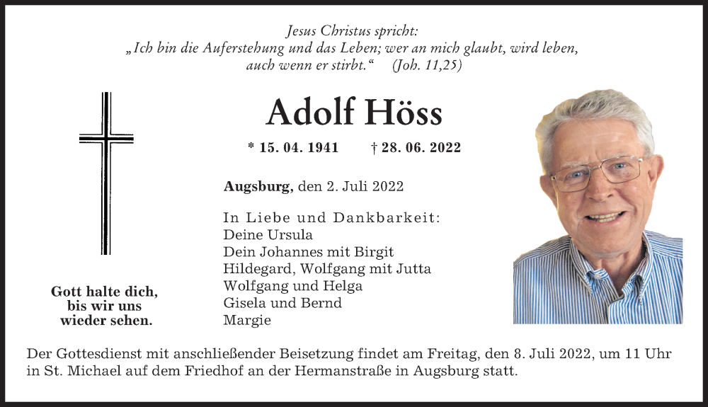  Traueranzeige für Adolf Höss vom 02.07.2022 aus Augsburger Allgemeine
