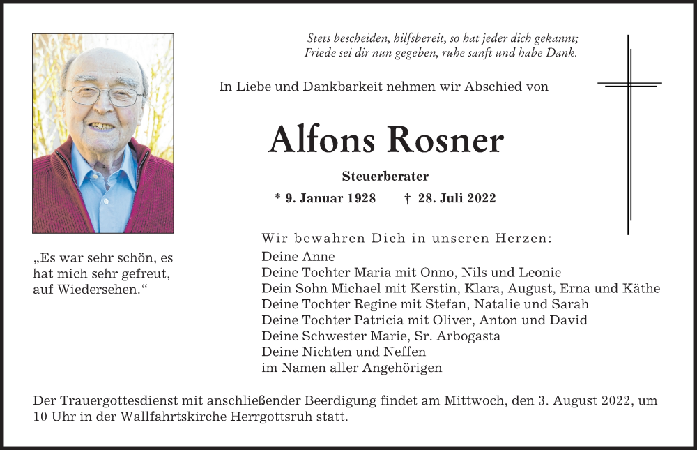 Traueranzeige von Alfons Rosner von Friedberger Allgemeine, Augsburger Allgemeine