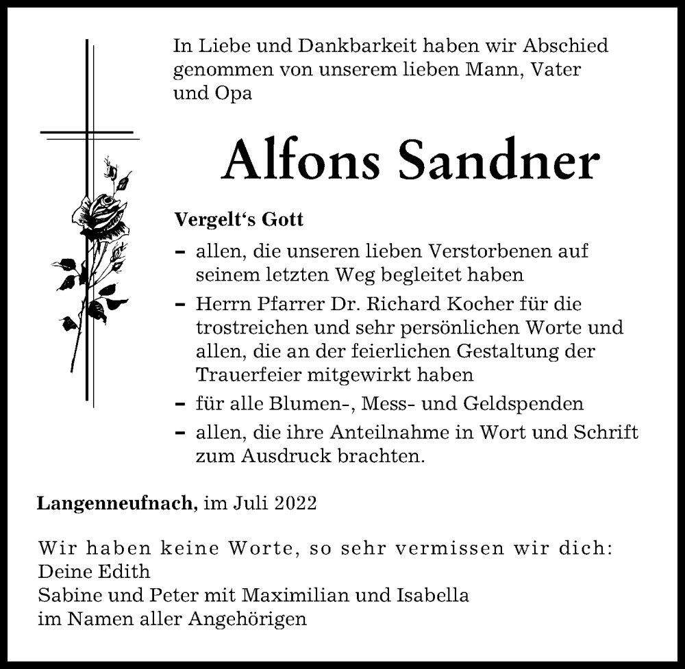  Traueranzeige für Alfons Sandner vom 09.07.2022 aus Augsburger Allgemeine