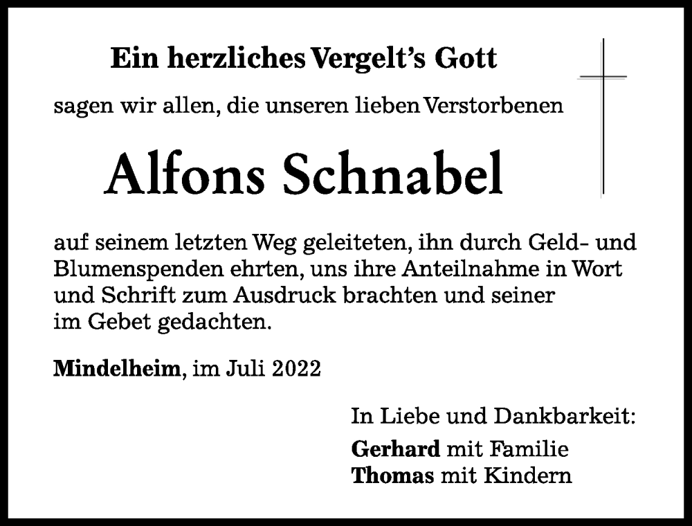  Traueranzeige für Alfons Schnabel vom 16.07.2022 aus Mindelheimer Zeitung