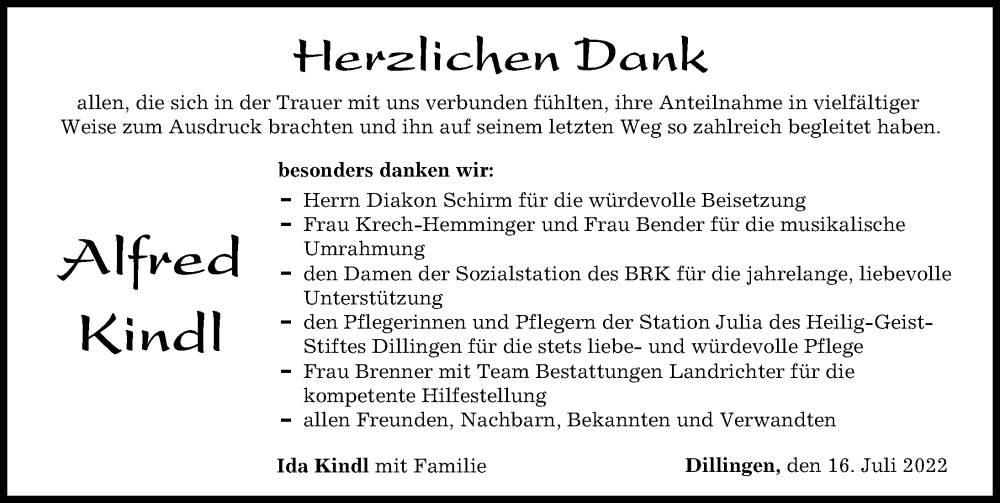 Traueranzeige von Alfred Kindl von Donau Zeitung