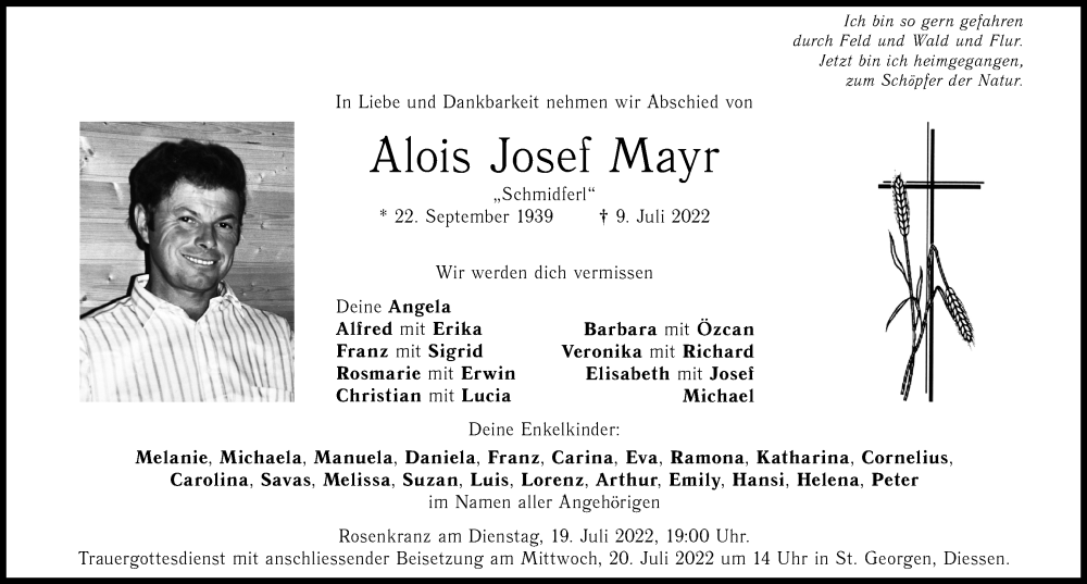 Traueranzeige von Alois Josef Mayr von Ammersee Kurier