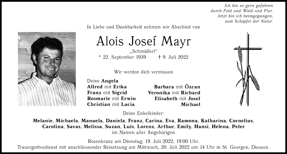 Traueranzeige von Alois Josef Mayr von Landsberger Tagblatt