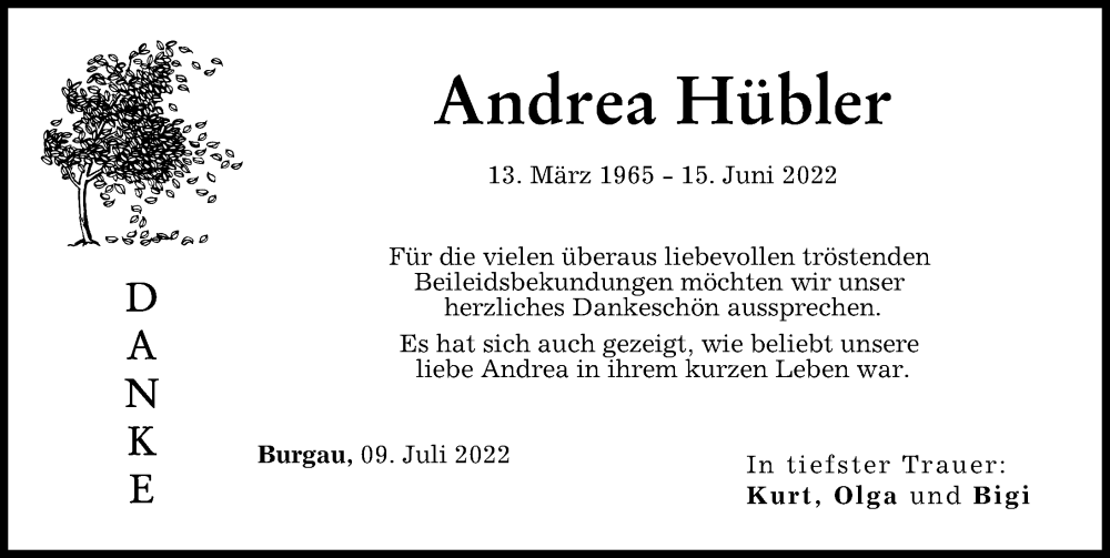  Traueranzeige für Andrea Hübler vom 09.07.2022 aus Günzburger Zeitung