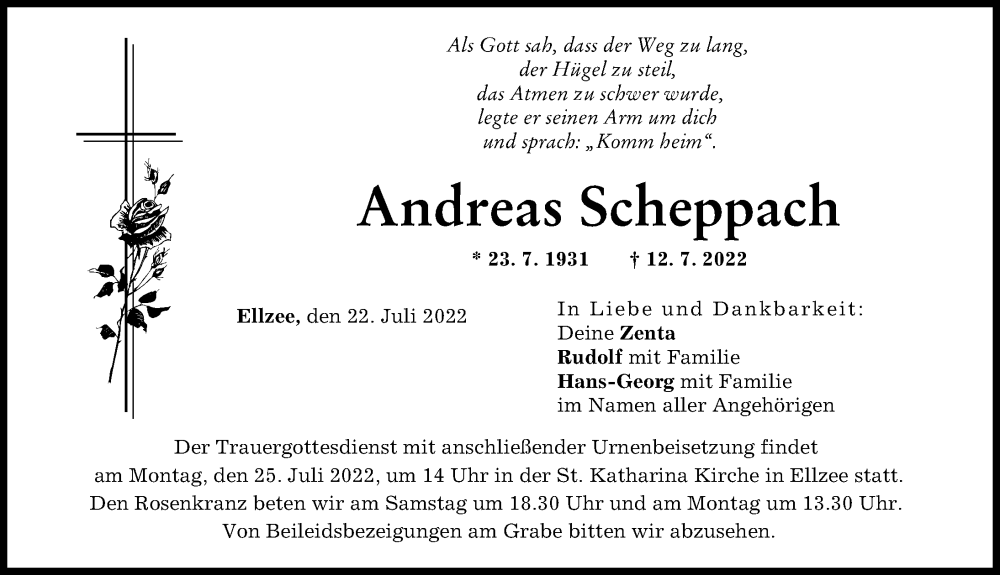  Traueranzeige für Andreas Scheppach vom 22.07.2022 aus Mittelschwäbische Nachrichten, Günzburger Zeitung