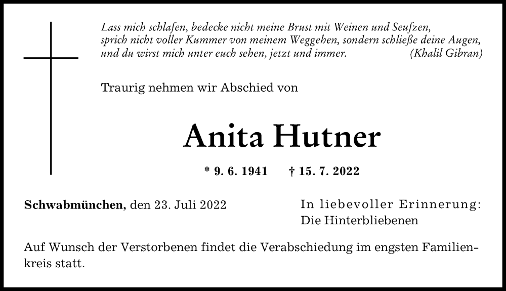 Traueranzeige von Anita Hutner von Schwabmünchner Allgemeine