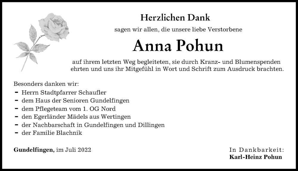 Traueranzeige von Anna Pohun von Donau Zeitung