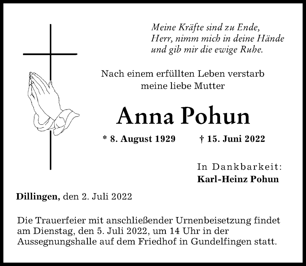 Traueranzeige von Anna Pohun von Donau Zeitung