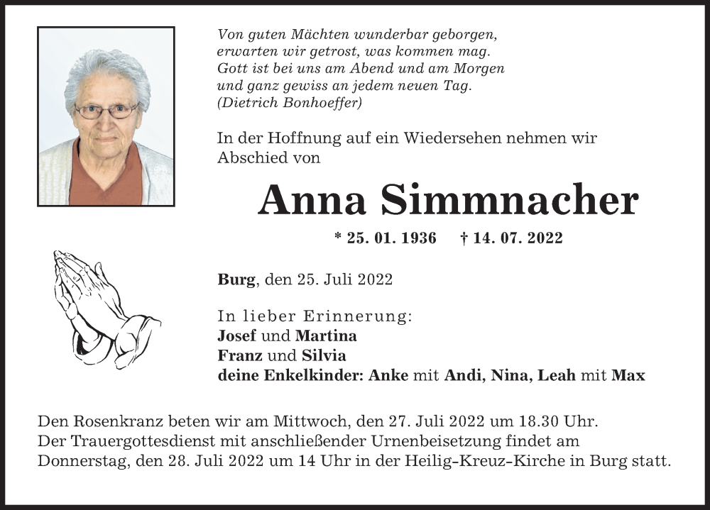 Traueranzeige von Anna Simmnacher von Mittelschwäbische Nachrichten